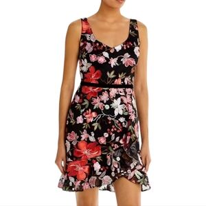 Sam Edelman‎ Hibiscus Floral Embroidered Dress 10 Black Sleeveless Tulip Hem